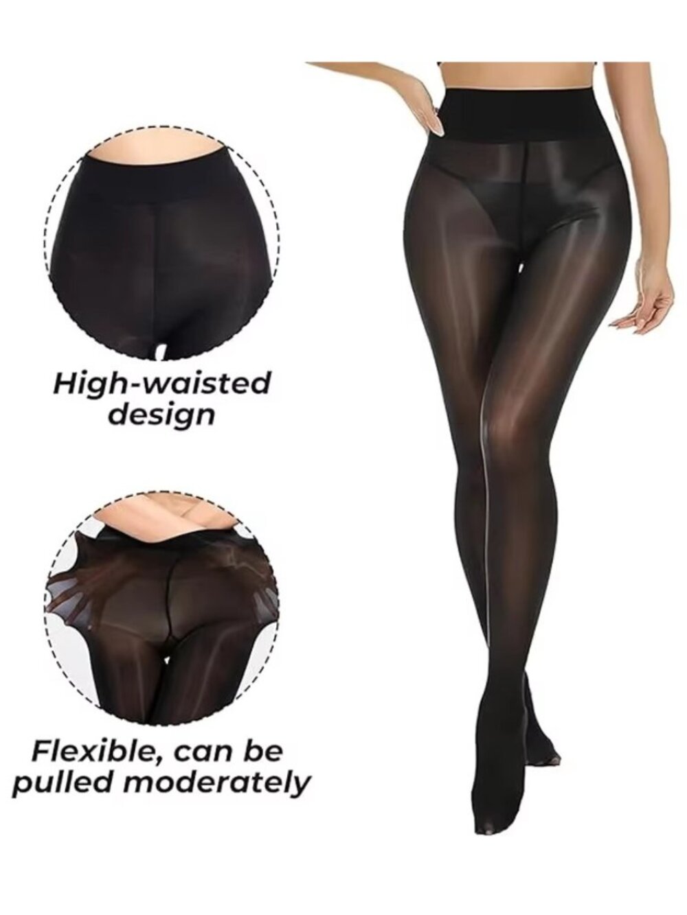 Womens Glossy Oil Smooth Sheer Black Tights High Waist Shiny Pantyhose Stockings - Picture 2 of 4